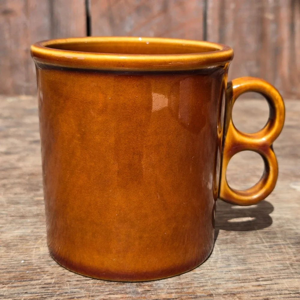 Vtg USA Aramis Shaving Mug Ceramic Brown Drip Glaze Double Ring Handle